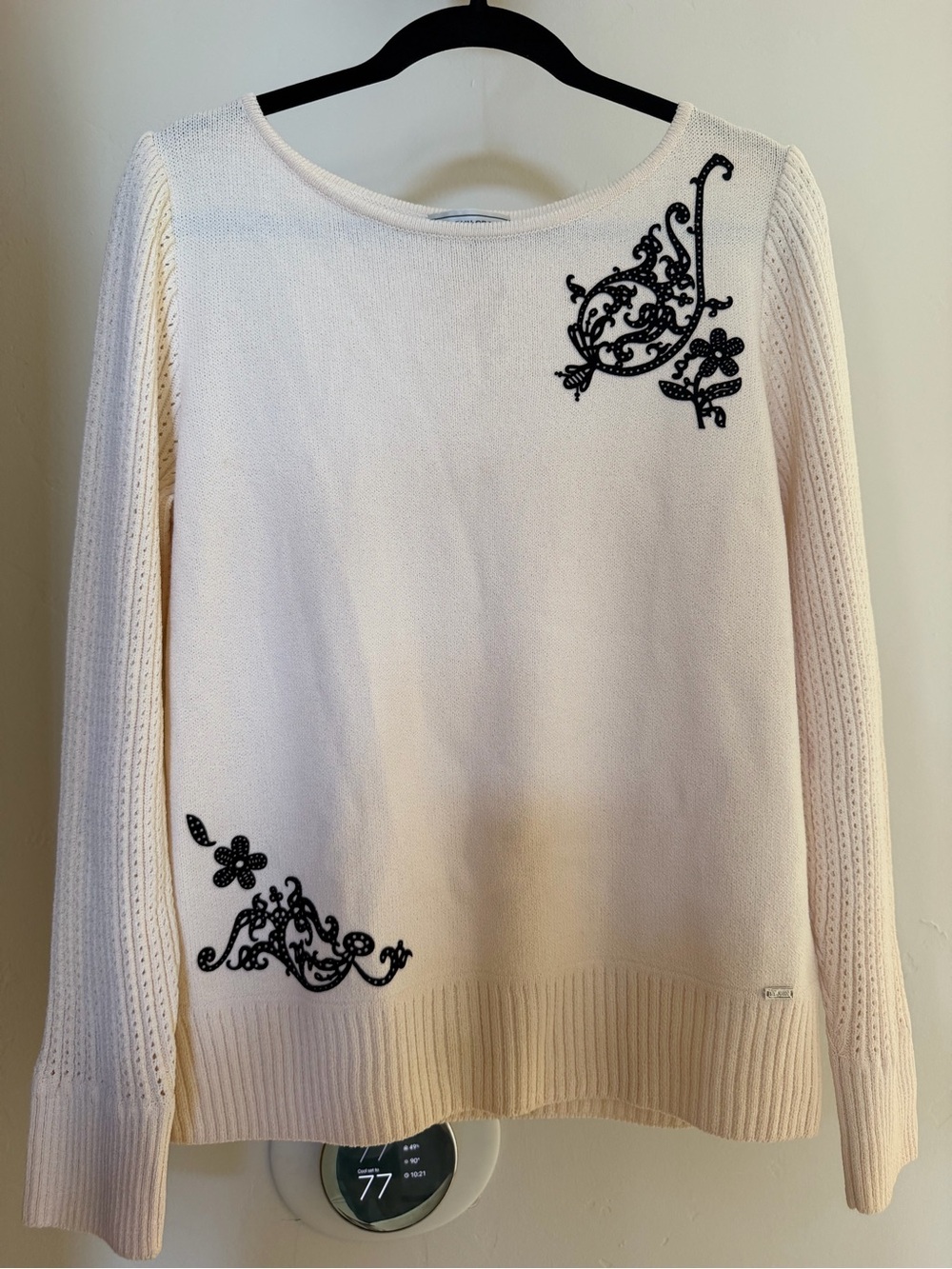 St. John Cream Scoop Neck Sweater with Black Embroidery